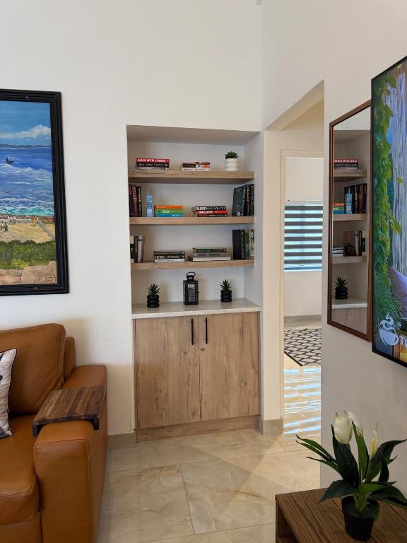 Stylish living area with built-in shelving